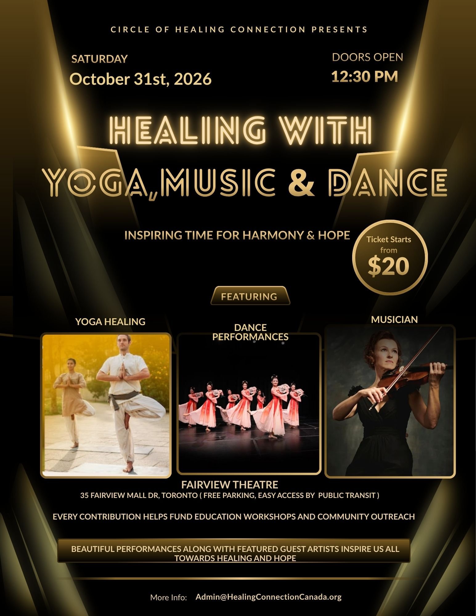 Charity Yoga, Music and Dance Healing event flyer: Saturday October 31, 2026, doors open 12:30 PM, Fairview Theatre Toronto. Ticket starts from $20 (if book before September 30).