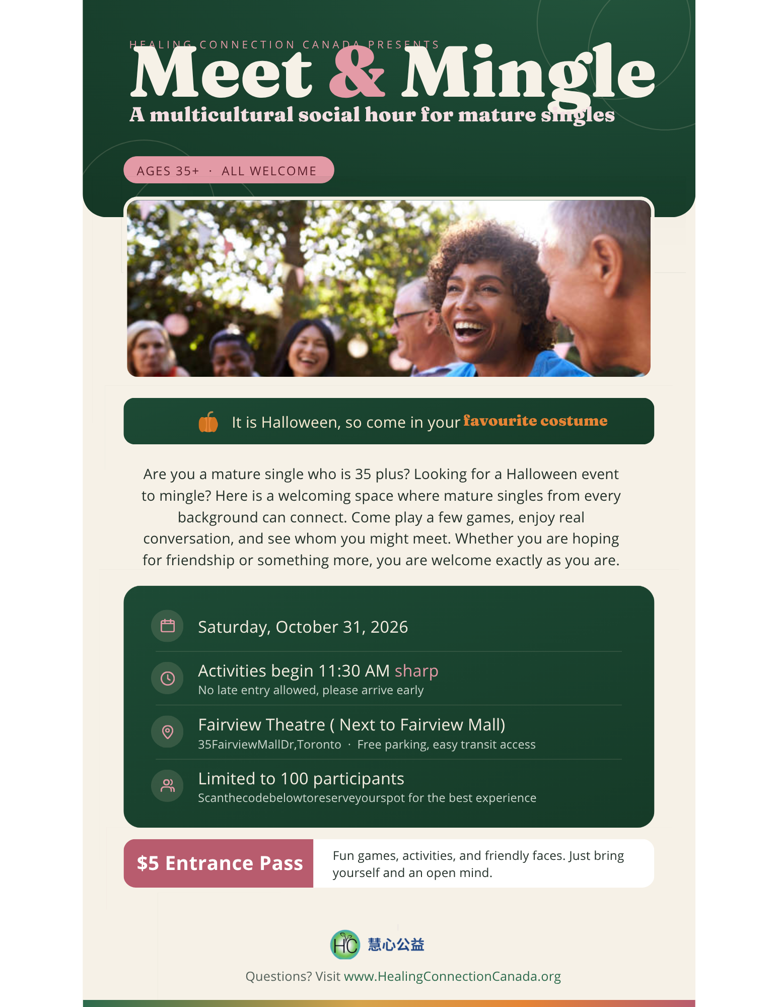 Meet and Mingle, a multicultural social hour for mature singles 35 plus. Saturday October 31 2026, 11:30 AM at Fairview Theatre, Toronto. Limited to 100 participants.